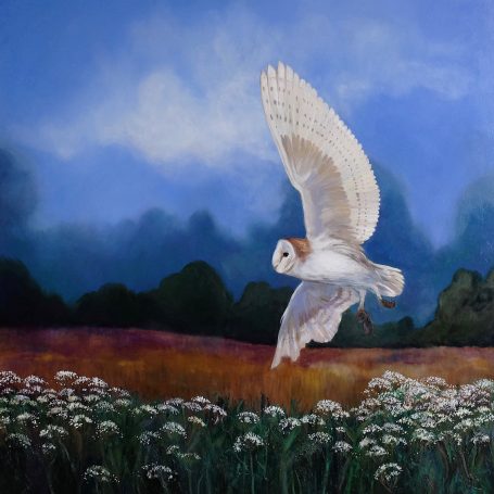 In the Company of Silence A barn owl soaring over a field of flowers under a blue sky.