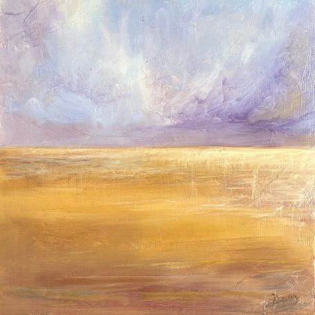 Waiting for thr Night to Fall Abstract landscape featuring soft, blended hues of purple and gold, evoking a tranquil sky.