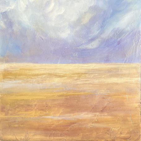 The Rain Has Gone Abstract landscape with soft pastel hues of blue and gold, depicting a serene horizon.